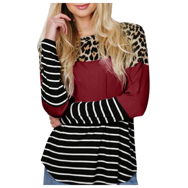 

women blouse striped leopard print winter autumn fashion casual o-neck patchwork long sleeve blouse blusas mulher elegantes, White