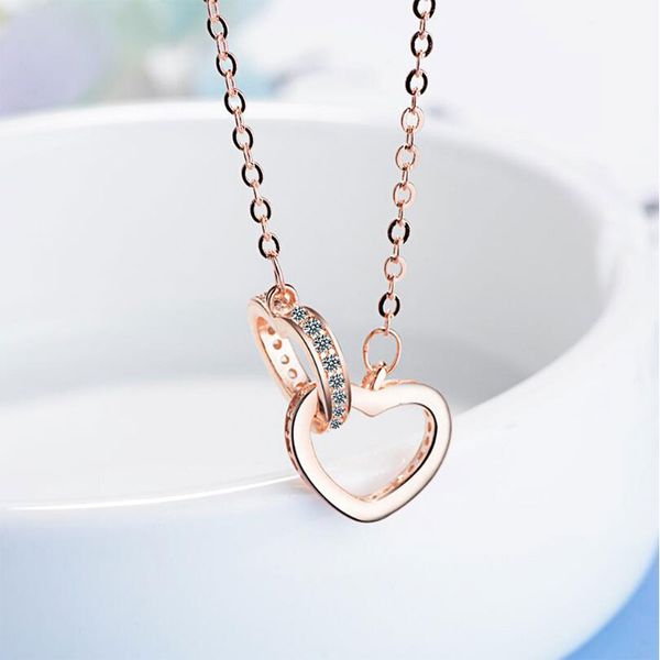 

anenjery 925 sterling silver double heart circle cz zirconia pendants necklaces for women gift kolye choker chain collares s-n69
