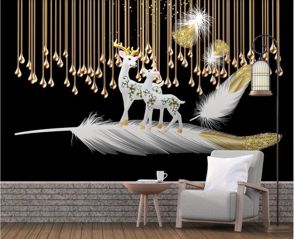 

3d wallpaper custom p murals new chinese abstract golden line feather elk embossed tv background wall decor wall art pictures