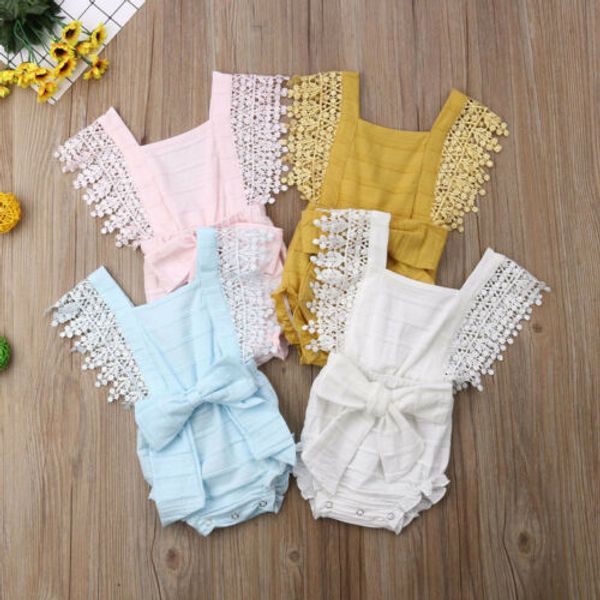 

newborn baby girls lace sleeveless rompers bowknot jumpsuit summer solid beach clothes, Blue