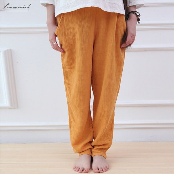 

colour 9 women brief pants elastic waist 2019 vintage autumn new straight casual cotton linen trouser suitable pockets pants, Black;white