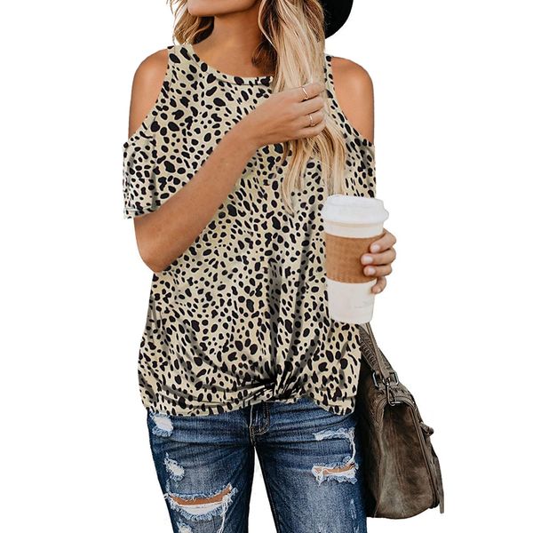 

2020 new european leopard bottomed t-shirt women's round neck short sleeve off shoulder pullover