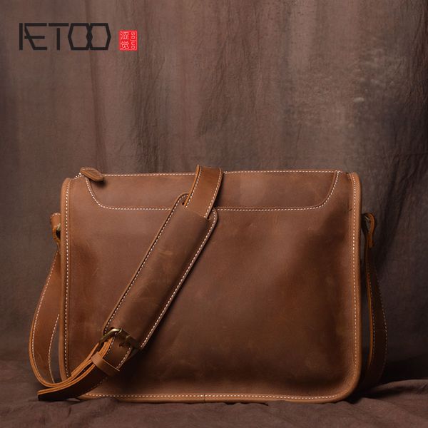 

aetoo handmade original retro first layer cowhide men bag casual mad horse leather shoulder bag simple leather messenger