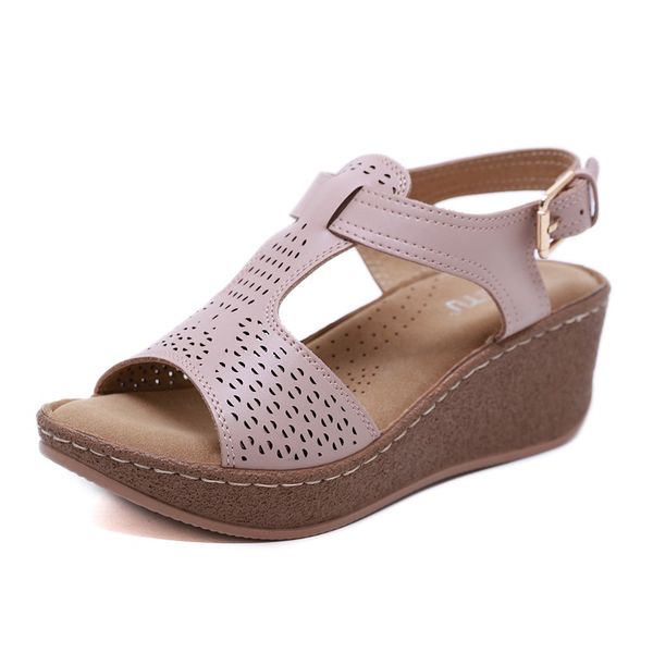 

summer wedge sandals hollow out cute breathable soft girls beach sandals 6.5cm mid heel dress wedding office female shoes, Black