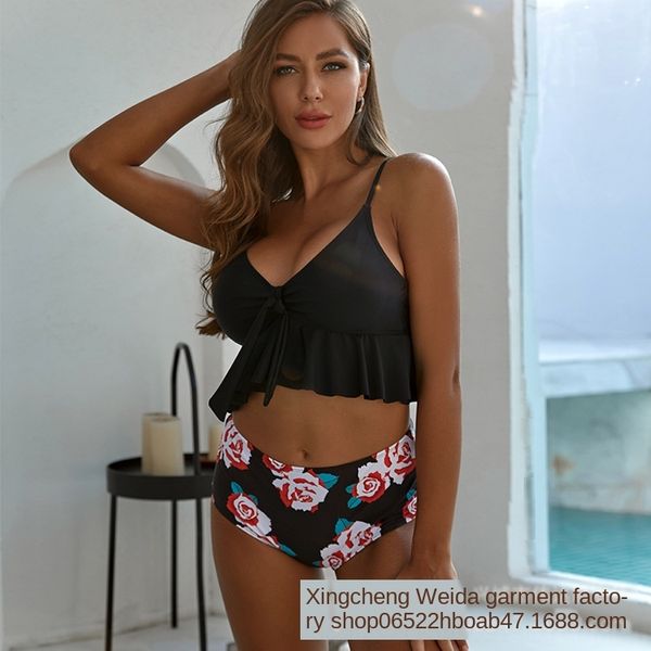 

2020 women's split two-piece lotus bikini swimsuit leaf printed bikini swimsuit, White;black