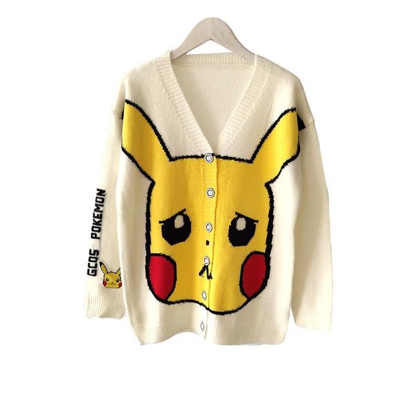 

2019 autumn women's new v-neck cartoon single-breasted long-sleeved knit cardigan loose wild sweater knitted sweater casual, White;black