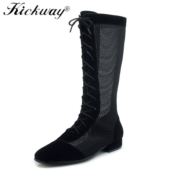 

women summer boots knee high women boots mesh round toe lace up footwear flock summer fashion casual female shoes, Black