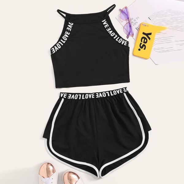 

womens 2pc love letter print sleeveless sport short ladies casual black running tracksuit gym clothes for ladies 2019, Black;blue