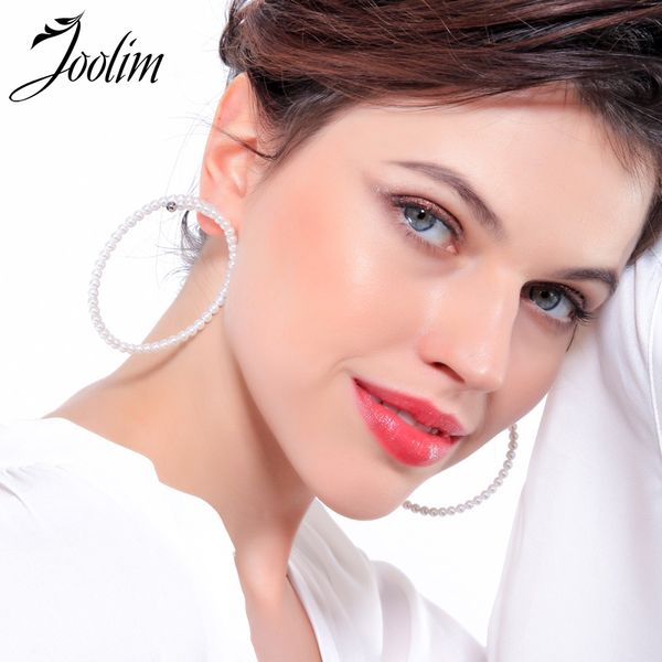 

joolim elegant white glass pearl hoop earring big earring wholesale, Golden;silver