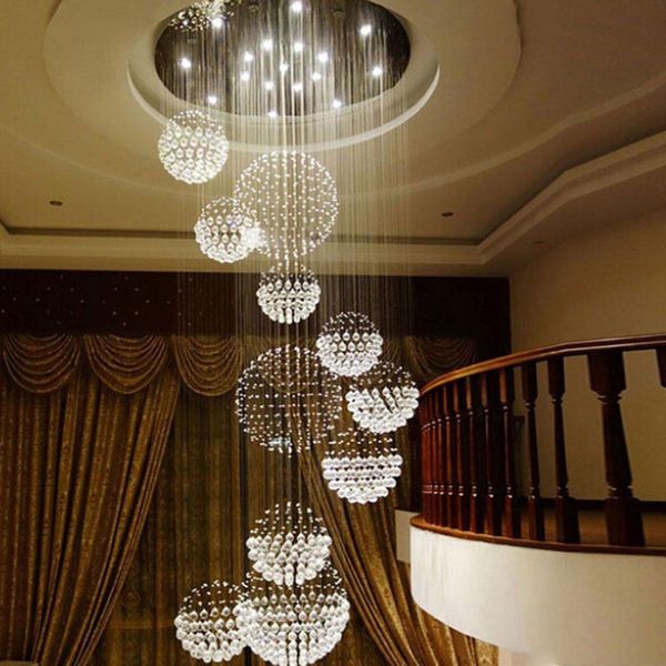 

modern chandelier large crystal light fixture for lobby staircase stairs foyer long spiral lustre ceiling lamp flush mounted stair light