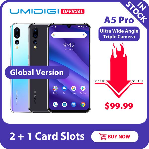 

Global Version UMIDIGI A5 PRO Android 9.0 OCTA Сердечник 6,3' FHD + водослива 16MP камера Тройной 4150mAh 4GB RAM 4G C