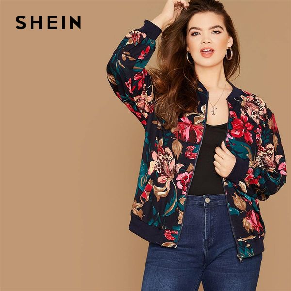 

shein plus size floral print zipper up bomber jacket women autumn long sleeve stand collar coat cute outwear casual plus jackets, Black;brown