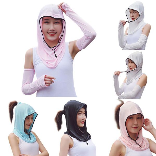 

hooded cap new women uv protection silk balaclava hooded collar cap sunscreen scarf hat c90e, Blue;gray