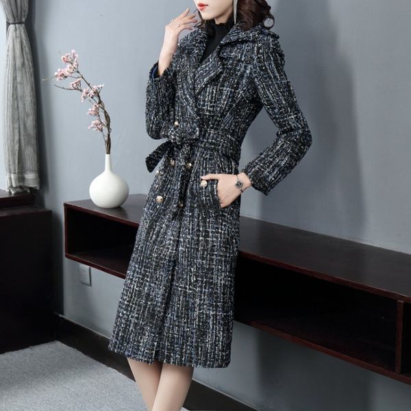 

autumn winter womens fashion double breasted tweed trench elegant medium length lapel sashes slim fit female a-line coats, Tan;black