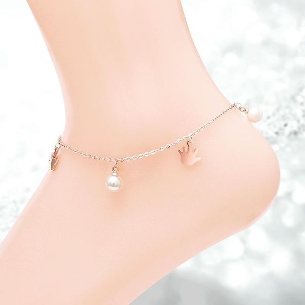 

2020 new pearl heart palm pearl anklet double d bow two hearts two diamonds double anklet rose gold, Red;blue
