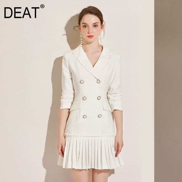 

deat] 2020 banquet temperament seven sleeve pearls button notched dress women office lady pleated hem slim design fashion ar890, Black;gray