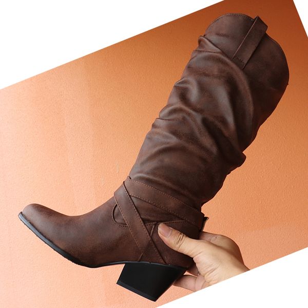 

sarairis large size 48 western boots woman shoes mid calf boot woman square heels shoes slip on autumn winter boots, Black