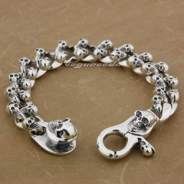 

925 sterling silver skulls chain mens biker rocker punk bracelet 8f009, Black
