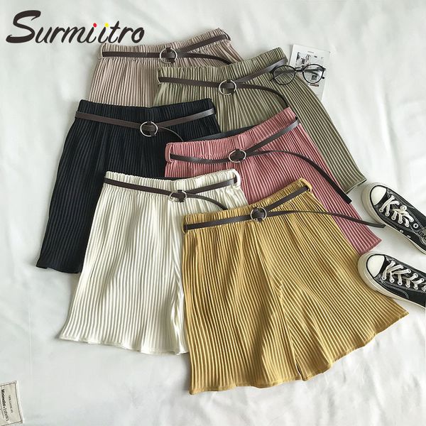 

surmiitro shorts women with belt 2020 summer korean white black yellow pink short pants femme high waist pleated female shorts