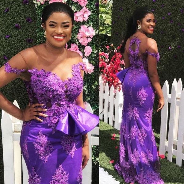 

purple african mermaid evening dresses with sheer neckline lace appliques plus size prom dress with peplum capped robe de soire, Black;red