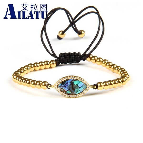 

ailatu luxury women bracelet clear cz abalone shell eye of fatima hamsa macrame bracelet with 4mm stainless steel beads, Golden;silver