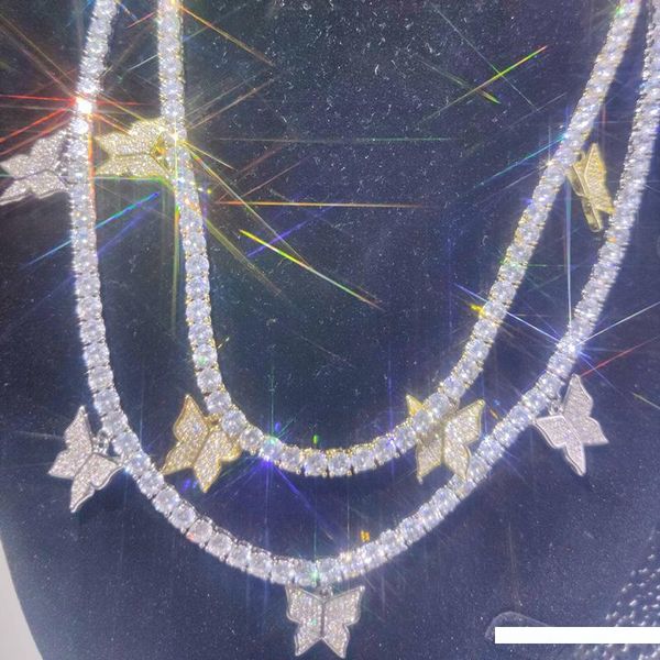 

4pcs butterfly pendants tennis chain chokers necklaces for women men 1 row cz bling iced out hip hop rapper jewelry gold silver