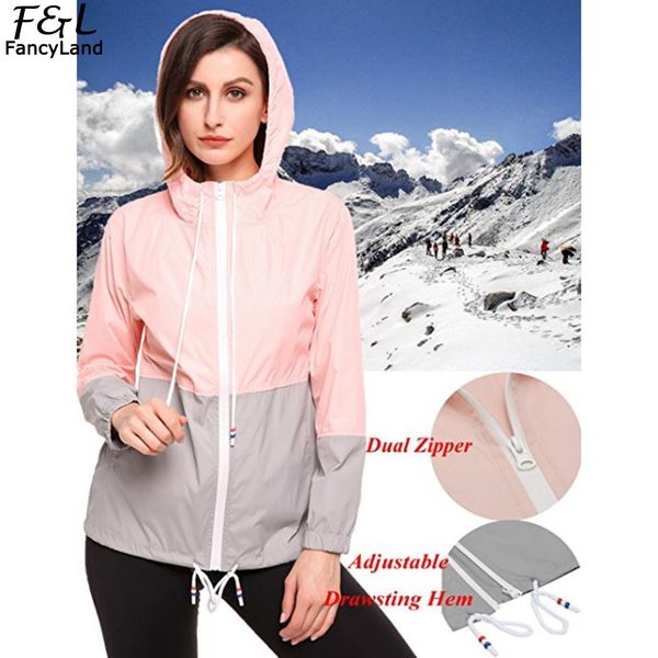 

patchwork zipper hooded windbreaker casual long season drawstring rainproof casual closure women neck all sleeve outdoor, Black;brown