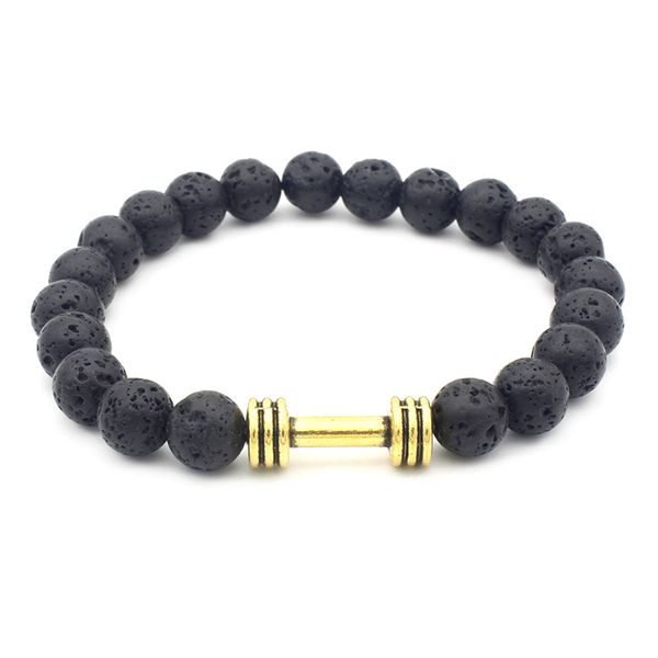 

powerful mens gift alloy metal barbell with lava rock stone beads fitness live or life dumbbell bracelet 8mm, Golden;silver