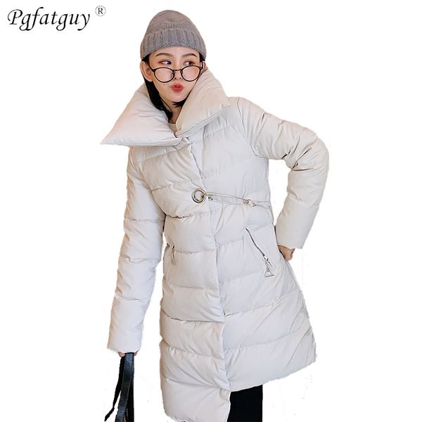 

2018 new asymmetrical pin buckle parkas female women winter coat white thickening cotton winter jacket womens outwear parkas, Black