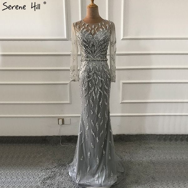 

luxury mermaid sparkly grey evening dresses 2019 beading sequined long sleeves evening gowns serene hill la60892, White;black