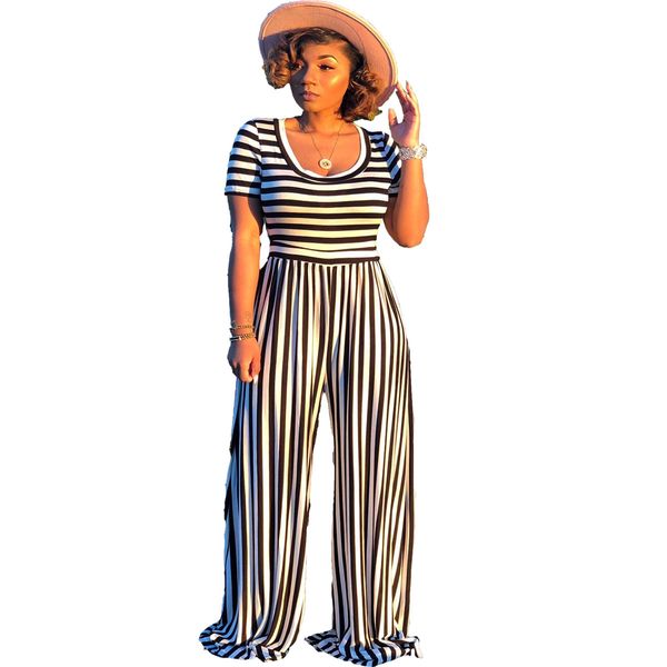 

women high waist overalls striped wide leg pants jumpsuit rompers summer short sleeve outfits long bodysuits, Black;white