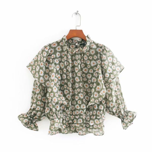 

new 2020 women flower print casual smock blouse female stand collar three quarter sleeve ruffles shirts chic blusas ls6667, White
