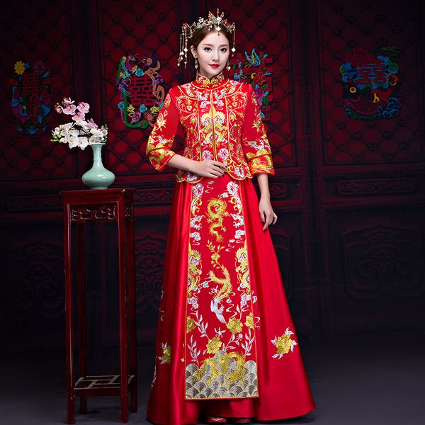 

embroidery dragon&phoenix cheongsam traditional noble women wedding dress classic full length marriage suit stage show gowns, Red