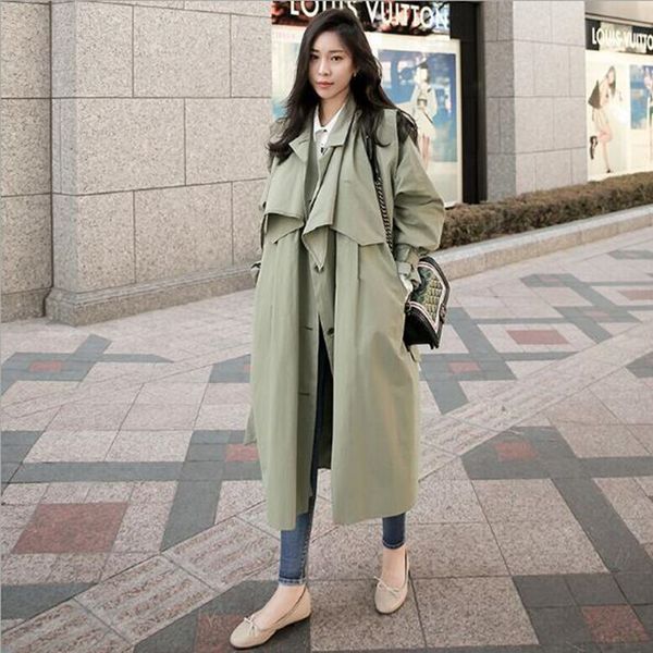 

korea style 2019 spring long women trench coat causal waist belt shawl overcoat thin single-breasted army green coat qv494, Tan;black