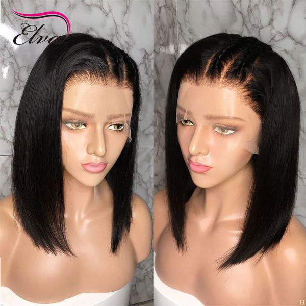 

elva hair short bob straight 13x6 fake scalp 370 lace front human hair wigs pre plucked with baby remy for black women, Black;brown