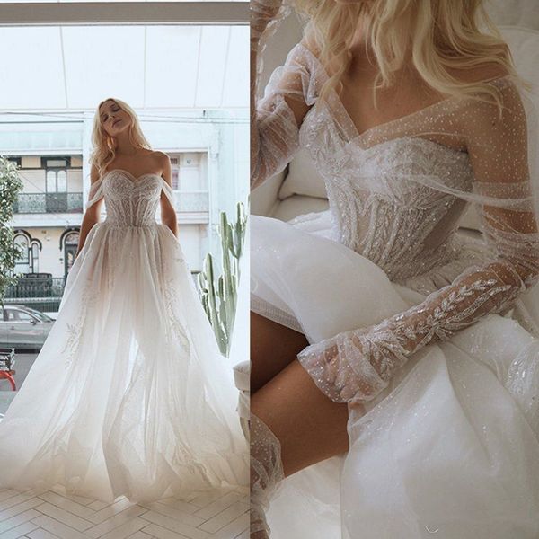 

pallas couture 2020 новое свадебное платье с длинным рукавом съемные с плеча шнурка шариков платье de noiva boho свадебные платья свадебные, White