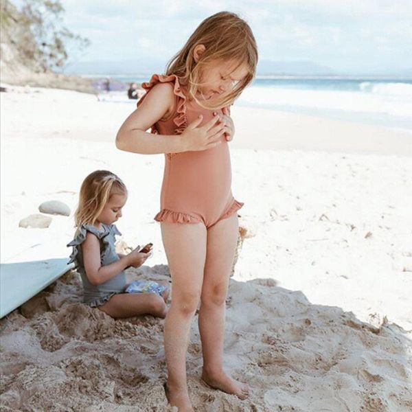 

children's swimwear 2021 summer toddler baby kid girls ruffles solid color beach swimming swimsuit beachwear