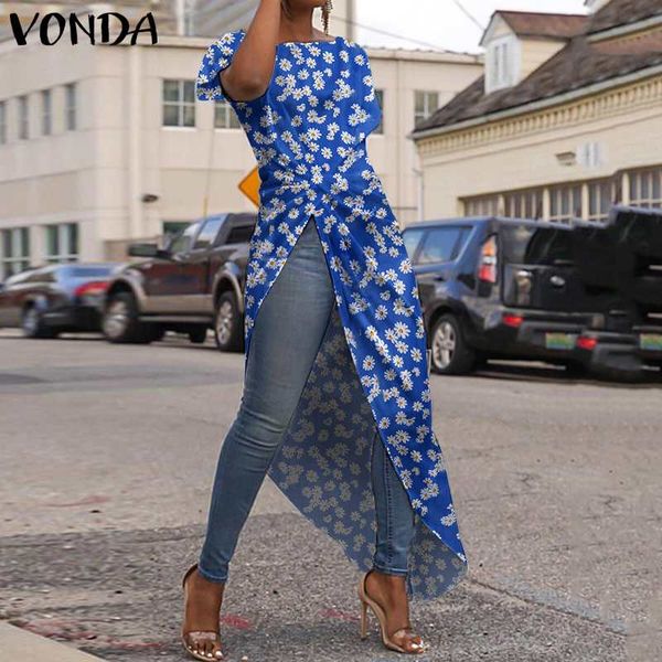 

summer blouse women irregular tunic vintage floral printed long shirts office party vonda 2020 casual blusa plus size, White