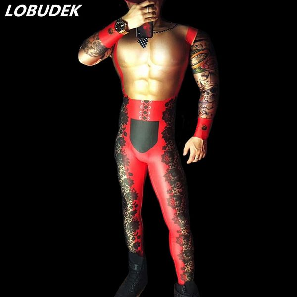 

male false muscle lace pattern printing elastic skinny jumpsuit stage wear dj dancer club bar pole dance performance leotard nightclub dance, Black;red
