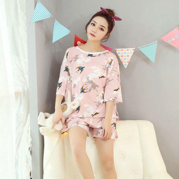 

women pyjama nightwear round neck 2019 summer leisure time home clothes printed short-sleeved cute pajamas loose two-piece suite, Blue;gray