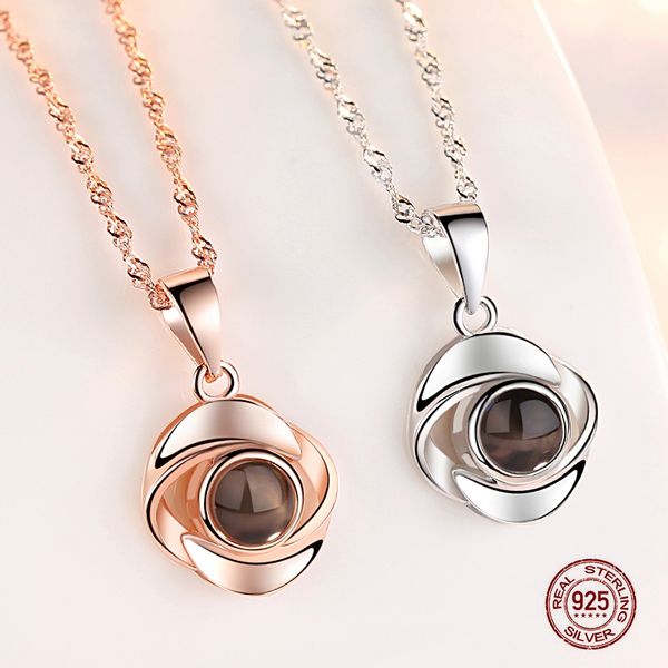 

925 silver charm necklace projection pendants necklace rose 100 languages i love you ladies clavicle chain valentine's day gift
