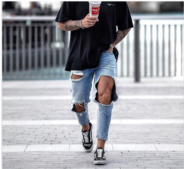 

big hole популярные мужские джинсы колени обнаженные мужские брюки карандаш летний новый capris повседневная мода джинсы, Blue