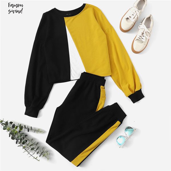 

multicolor set pullover and contrast sideseam sweatpants round neck colorblock women autumn elegant workwear twopiece drop shipping, White