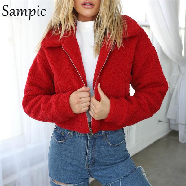 

sampic long sleeve women jacket coat turndown collar thick female short coat fashion white red black winter ladies jackets, Black;brown