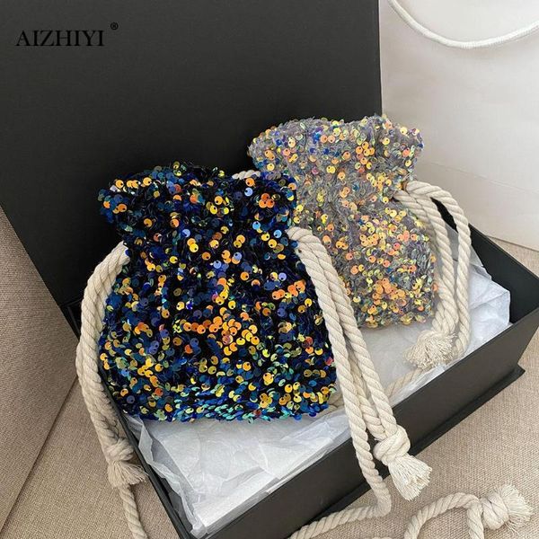 

women casual drawstring crossbody bag sequins daily lady bucket shoulder pouch youth ladies simple versatile bag