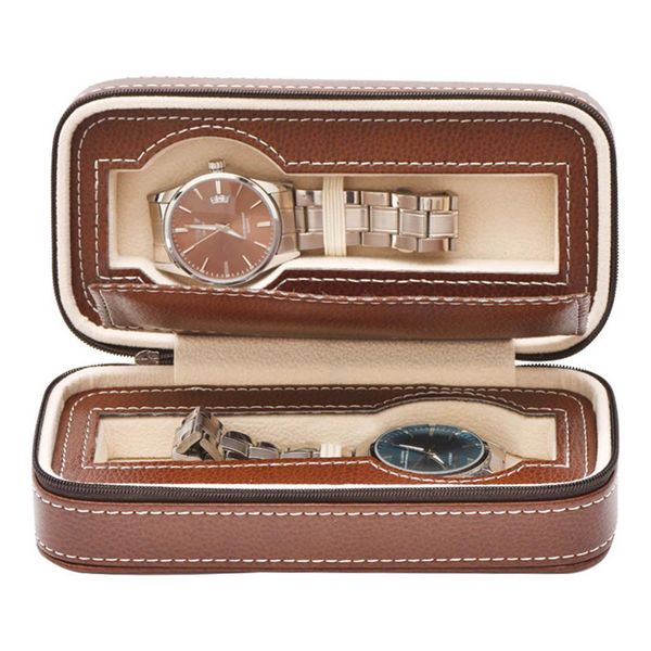 

lether 2 slots watch display box collection zipper case storage holder exhibition organizer vintage high classic portable, Black;blue