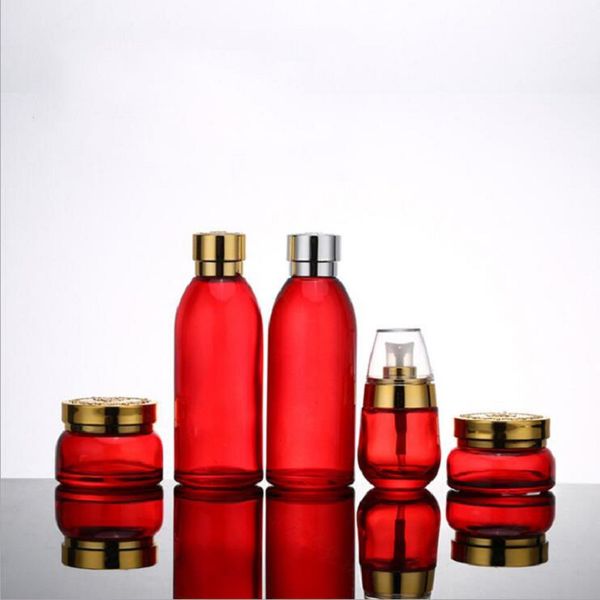 

120ml 30ml 50g 30g skin care bottle cosmetic container bottle red carved lid glass cream jar emulsion essence vial