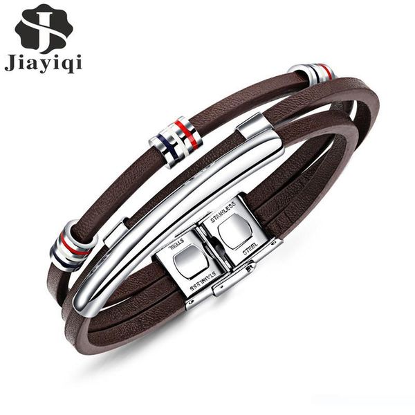 

jiayiqi new fashion brown leather bracelet for men jewelry stainless steel silver beads bangles vintage male accessories gifts, Golden;silver