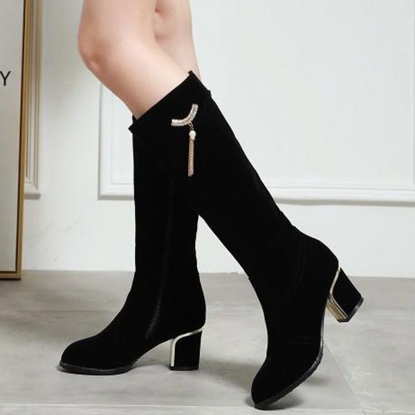 

women fashion suede high boots pointed thick with high heel warm snow boots plus size 43 rubber flock shoes british style, Black