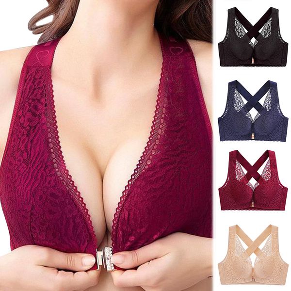 

front closure women lift bra extra-elastic cross back plus size push up vest bra cxz, Red;black